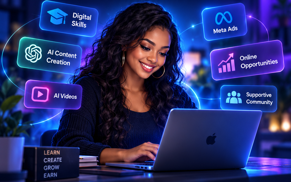 Digital Skills, AI Content Creation, AI Videos, Meta Ads, Online Opportunities and Supportive Community surrounding a woman at her laptop